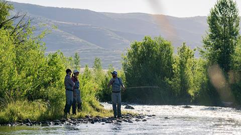 Group of people fly fishing by the edge of the river.
