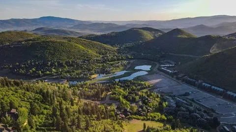 Drone shot of Snow Park base area during the summer at Deer Valley.
