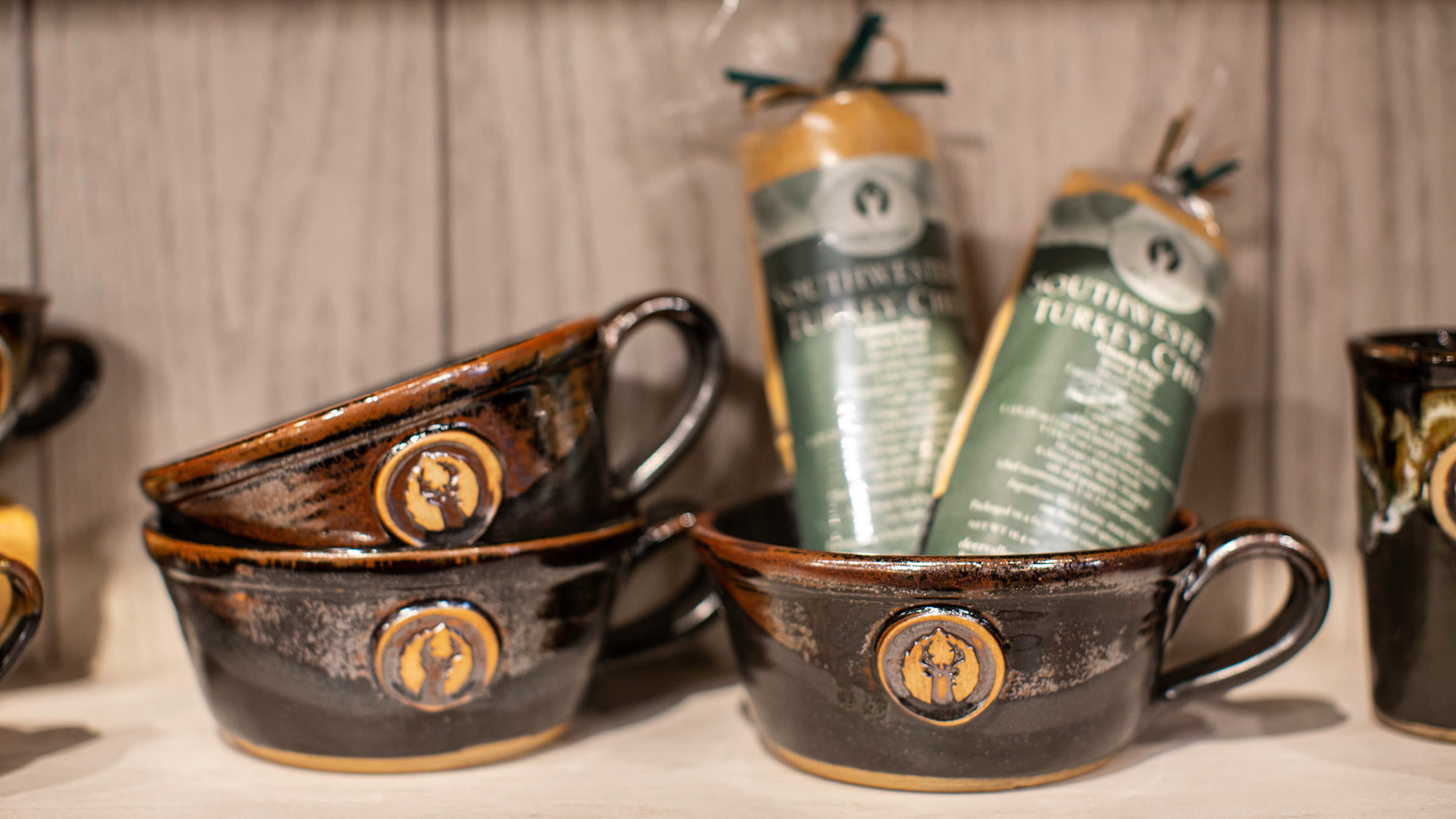 Soup bowls displayed with Deer Valley's turkey chili mix.