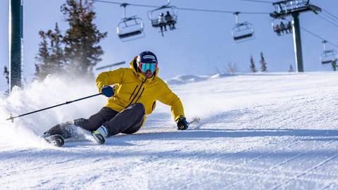 Ted Ligety carving on groomed run at Deer Valley Resort.
