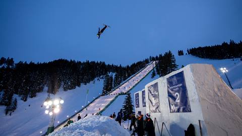 Athlete competing in Intermountain Health Freestyle Ski World Cup aerials competition.