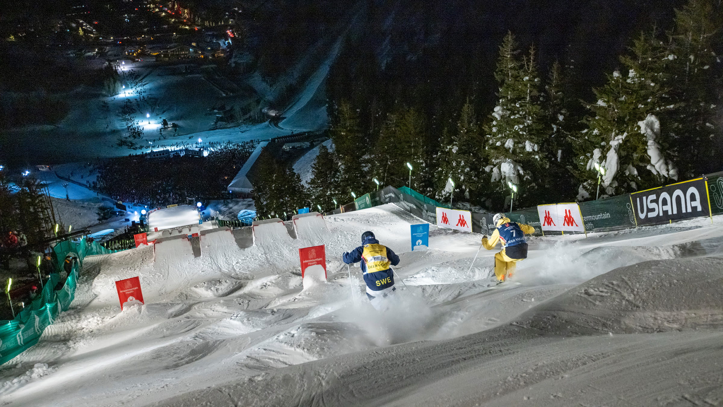 Athletes competing in Intermountain Health Freestyle Ski World Cup dual moguls competition.
