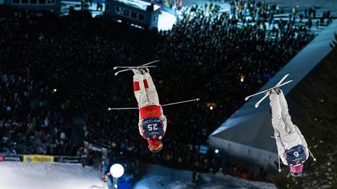 Skiers competing at Intermountain Health Freestyle International Ski World Cup at Deer Valley. 