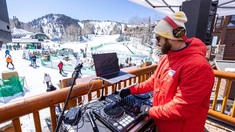 DJ playing at Silver Lake Lodge for Deer Valley winter event.