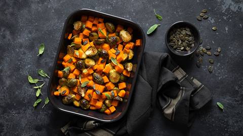 Roasted Brussels sprouts and sweet potatoes.