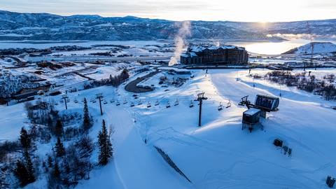 Areal view of Deer Valley East Village during the winter