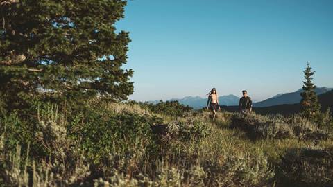 Couple hiking at Deer Valley in the summer.