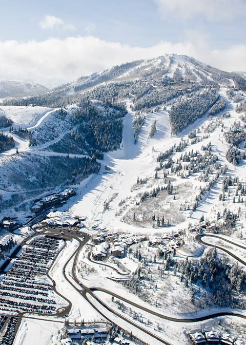 Deer Valley Resort drone shot during the winter season. 