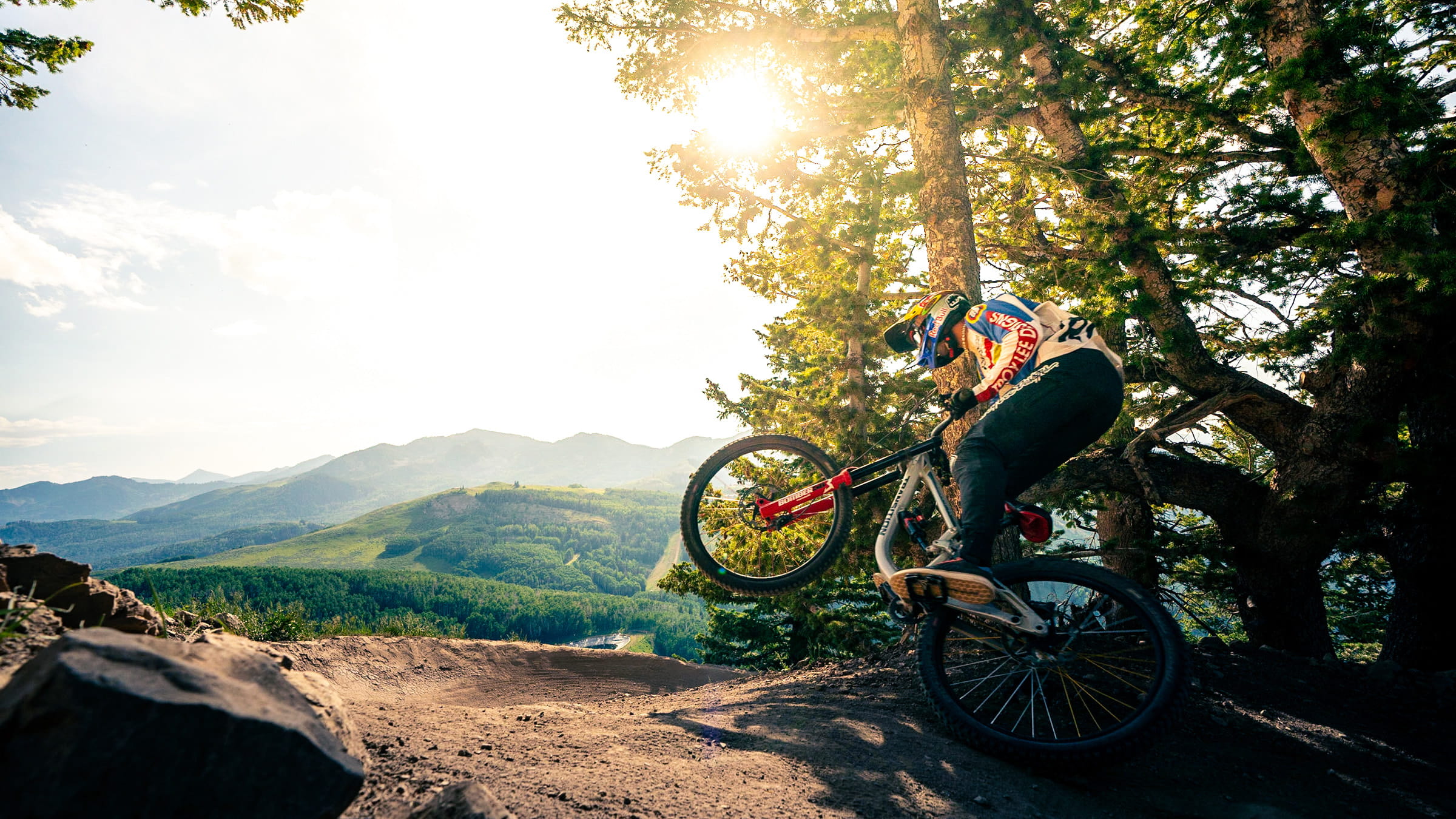 Guest mountain biking in the trees at Deer Valley Resort.