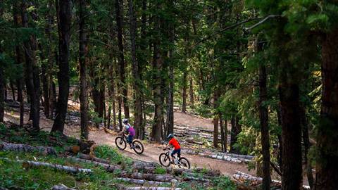 Girl and boy biking through trees at Deer Valley.