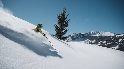 deer valley guest skiing deep powder on a bluebird day