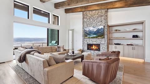 Living room with fireplace in Deer Valley's luxury lodging property, Amanti Lago 11346.