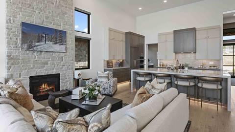 Living room and open kitchen at Deer Valley's luxury lodging property, Amanti Lago 11427