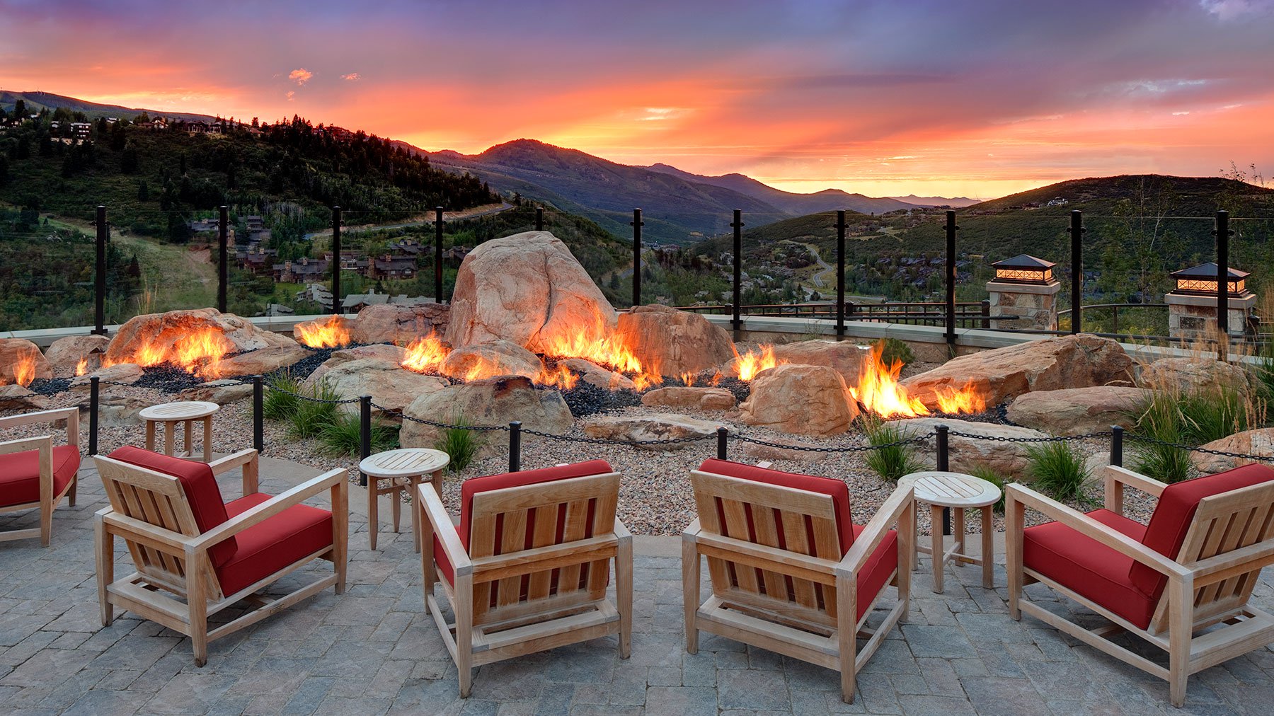 St. Regis Deer Valley Patio with Fireplace at Sunset