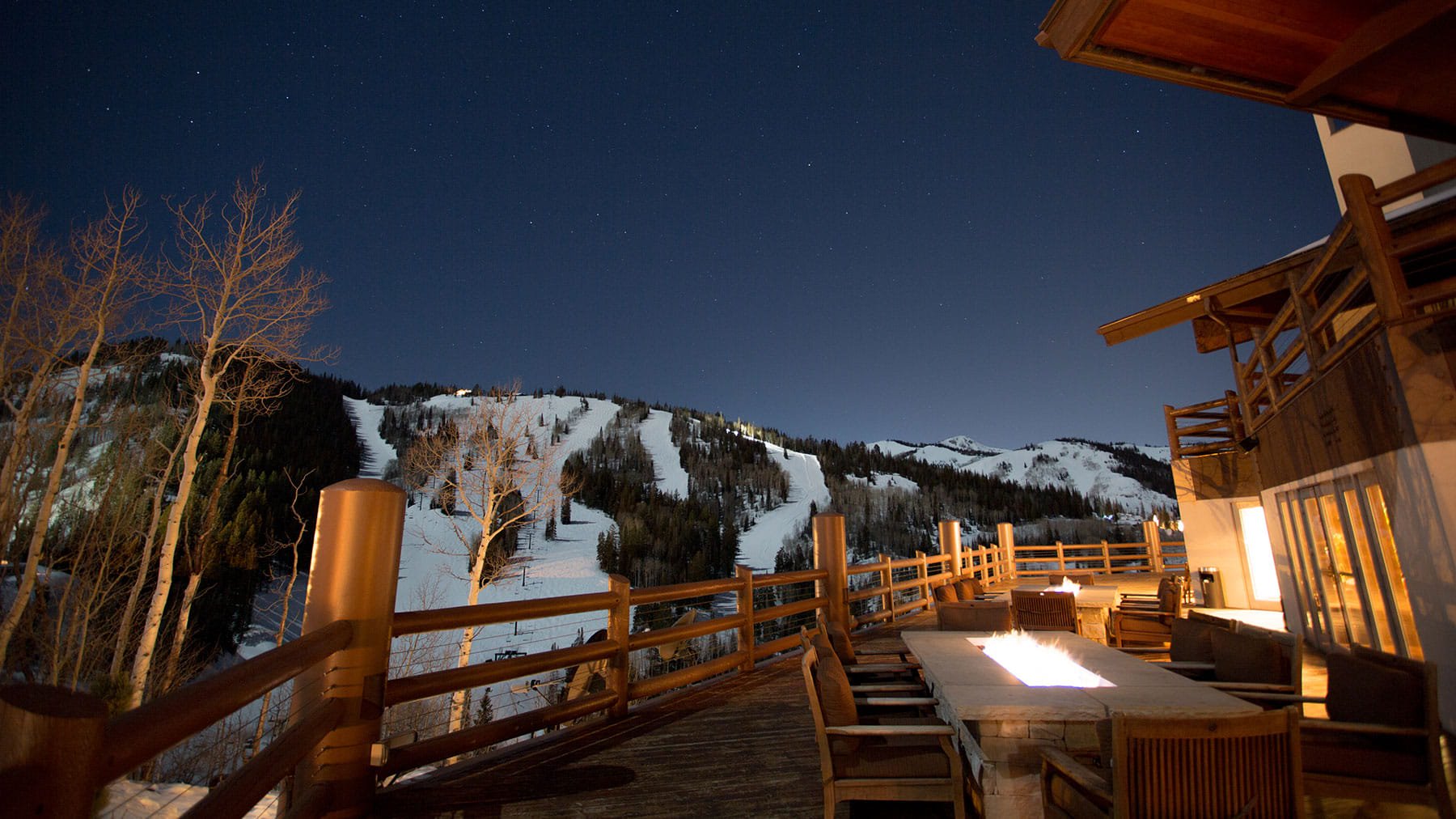 View of the mountains at dusk during winter on Stein Erkisen Lodge deck