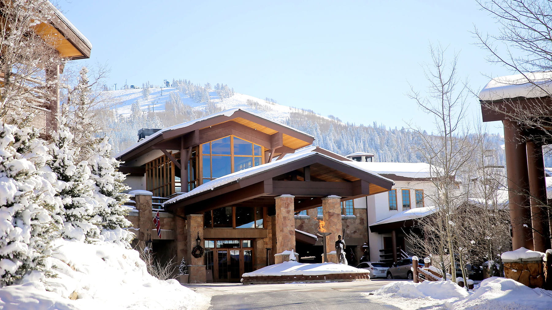 Stein Eriksen Lodge driveway entrance during winter