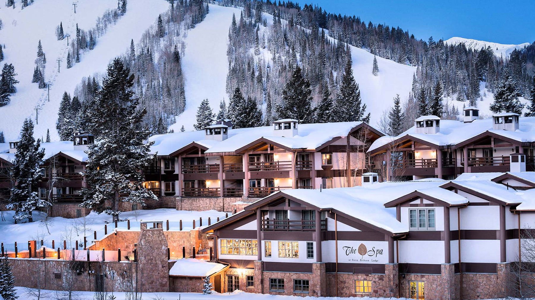 View of Stein Eriksen Lodge exterior during winter