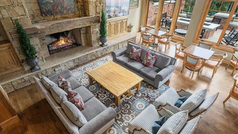 Aerial view of Stag Lodge's living room, spacious and bright.