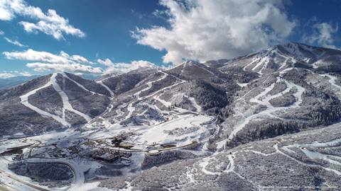 Deer Valley East Village winter drone shot.