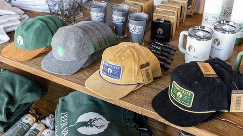 Hats displayed at Deer Valley Helly Hansen store.