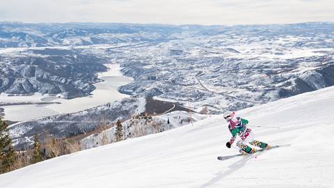 Skier skiing groomed run at Deer Valley
