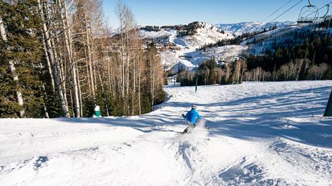 Guest skiing moguls on bluebird day at Deer Valley.