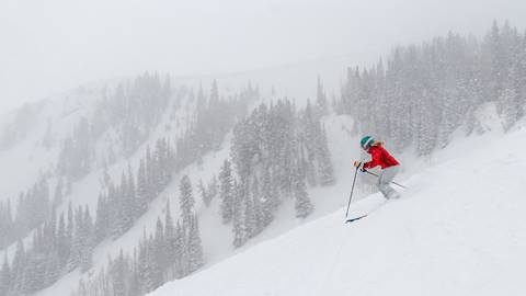 Guest wearing red jacket while skiing through powder at Deer Valley.