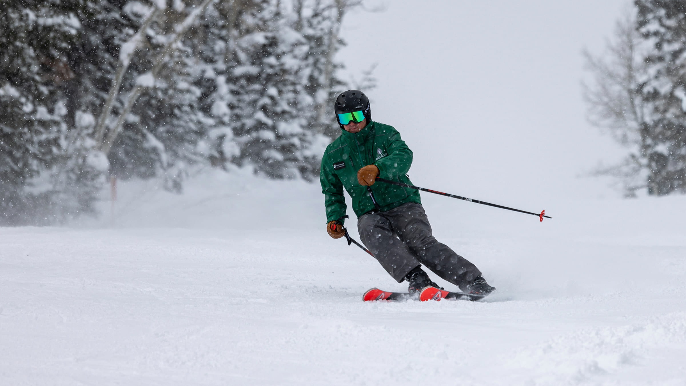 Staff member skiing at Deer Valley Resort.