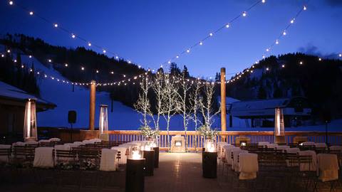Deer Valley winter wedding ceremony on the deck at Silver Lake Lodge.