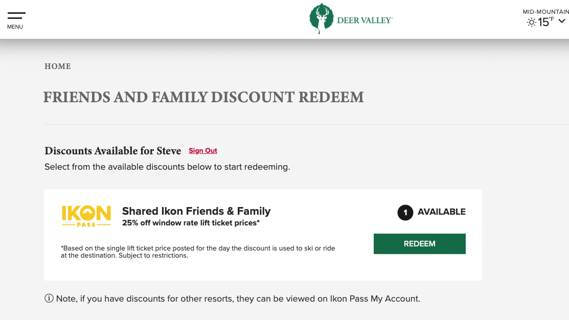 Screenshot of Ikon Pass discount redemption page