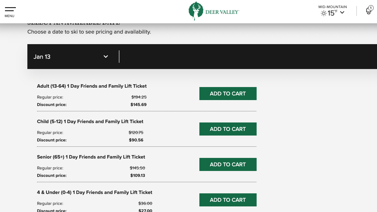 Screenshot of discounted tickets available to be added to a cart