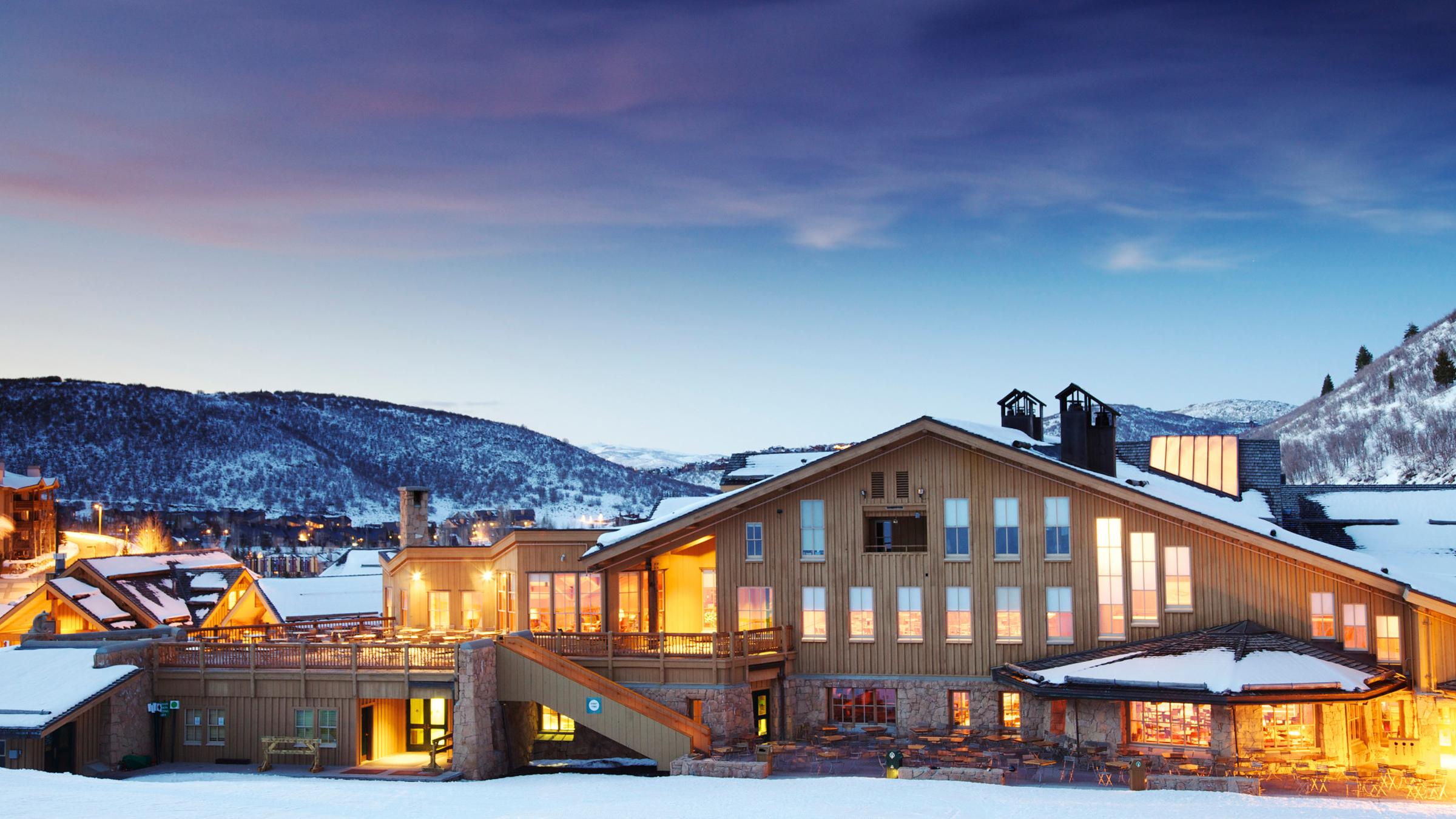 Snow Park Lodge winter exterior at night