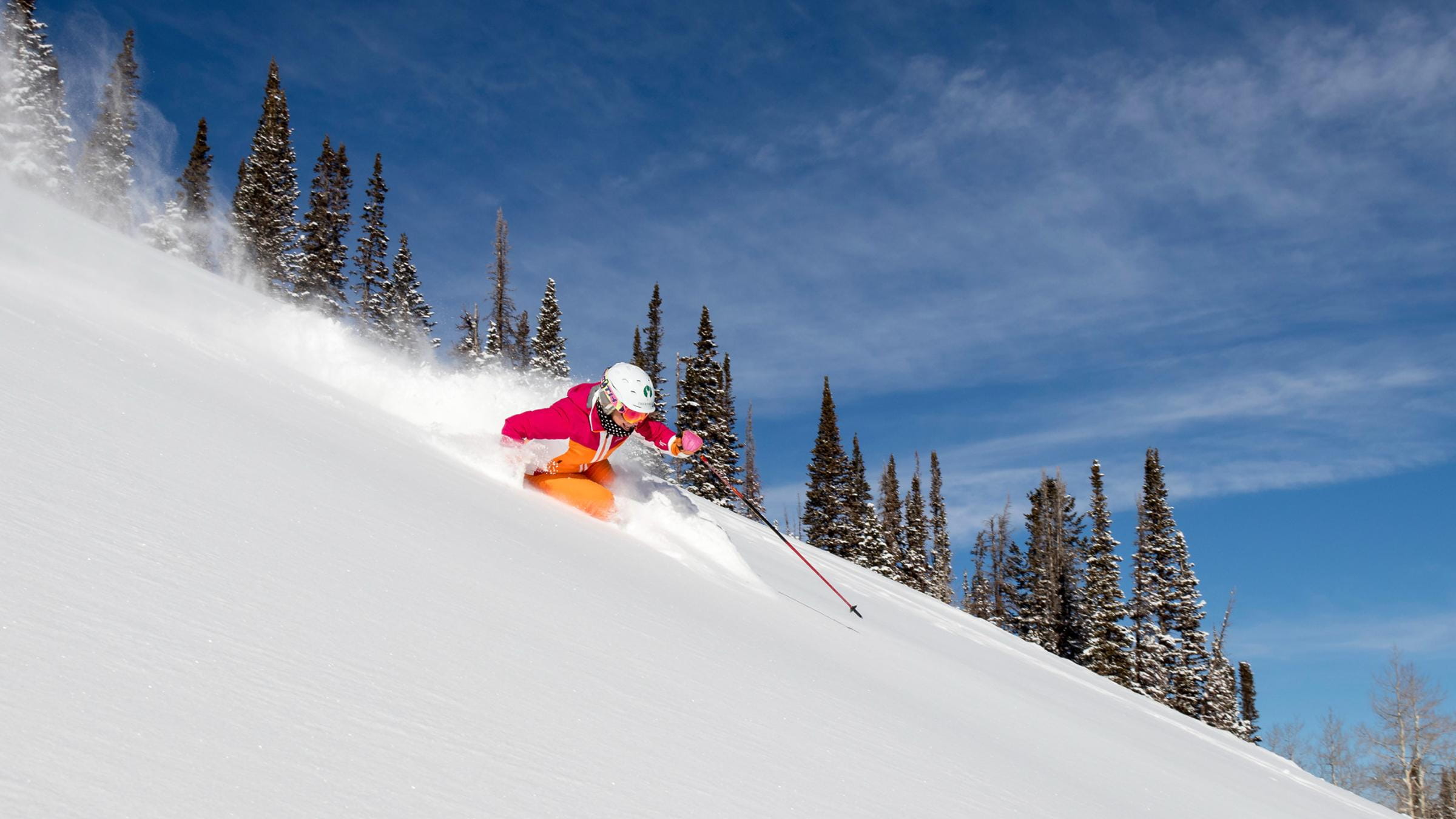 A guest skiing in deep powder on a sunny day
