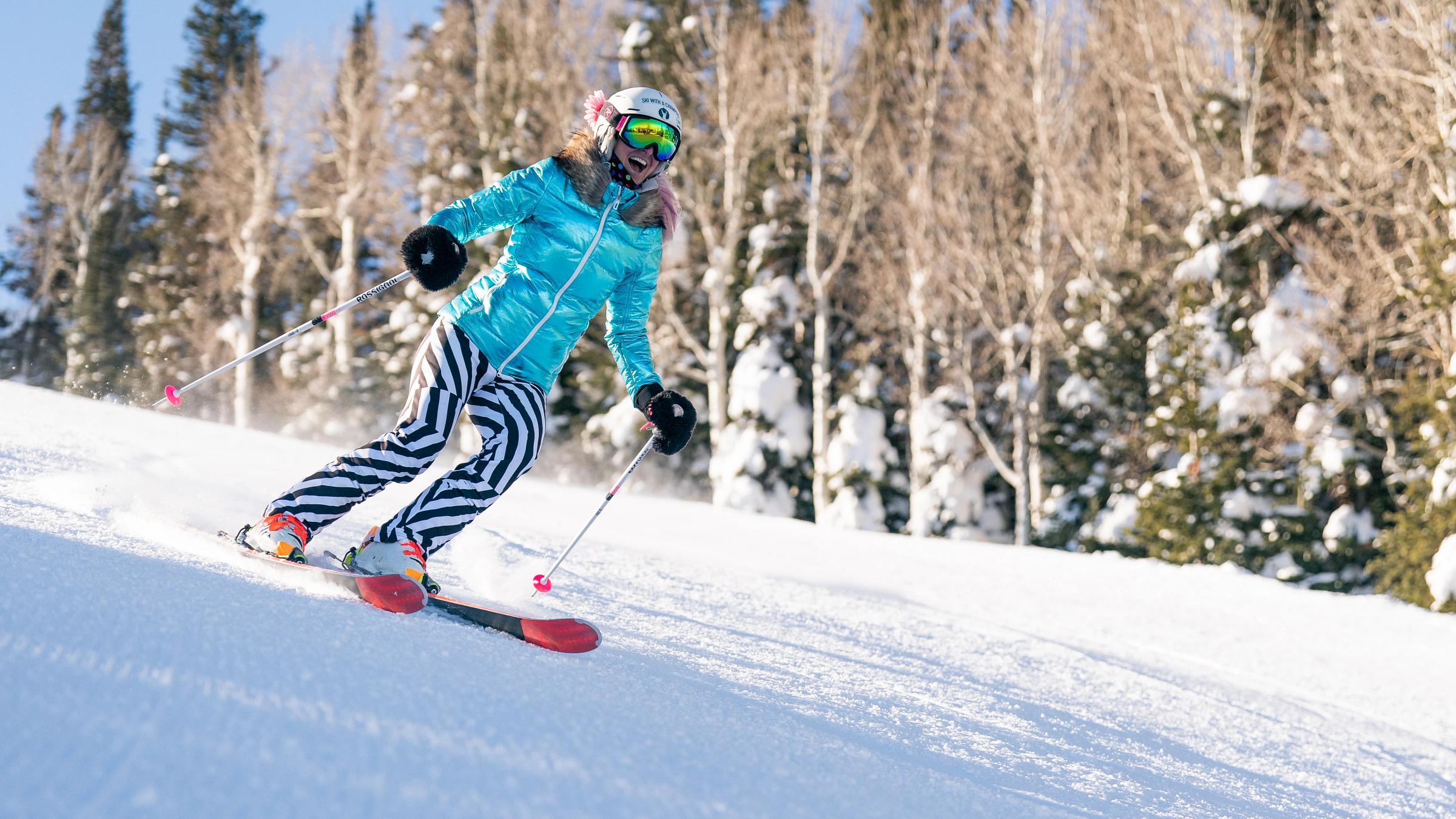 Shannon Buhrke of Deer Valley's "Ski With a Champion" program carves down the run Peeler. Jan. 10, 2022, Deer Valley Resort, Park City, UT. (Deer Valley Resort/Jason Peters)