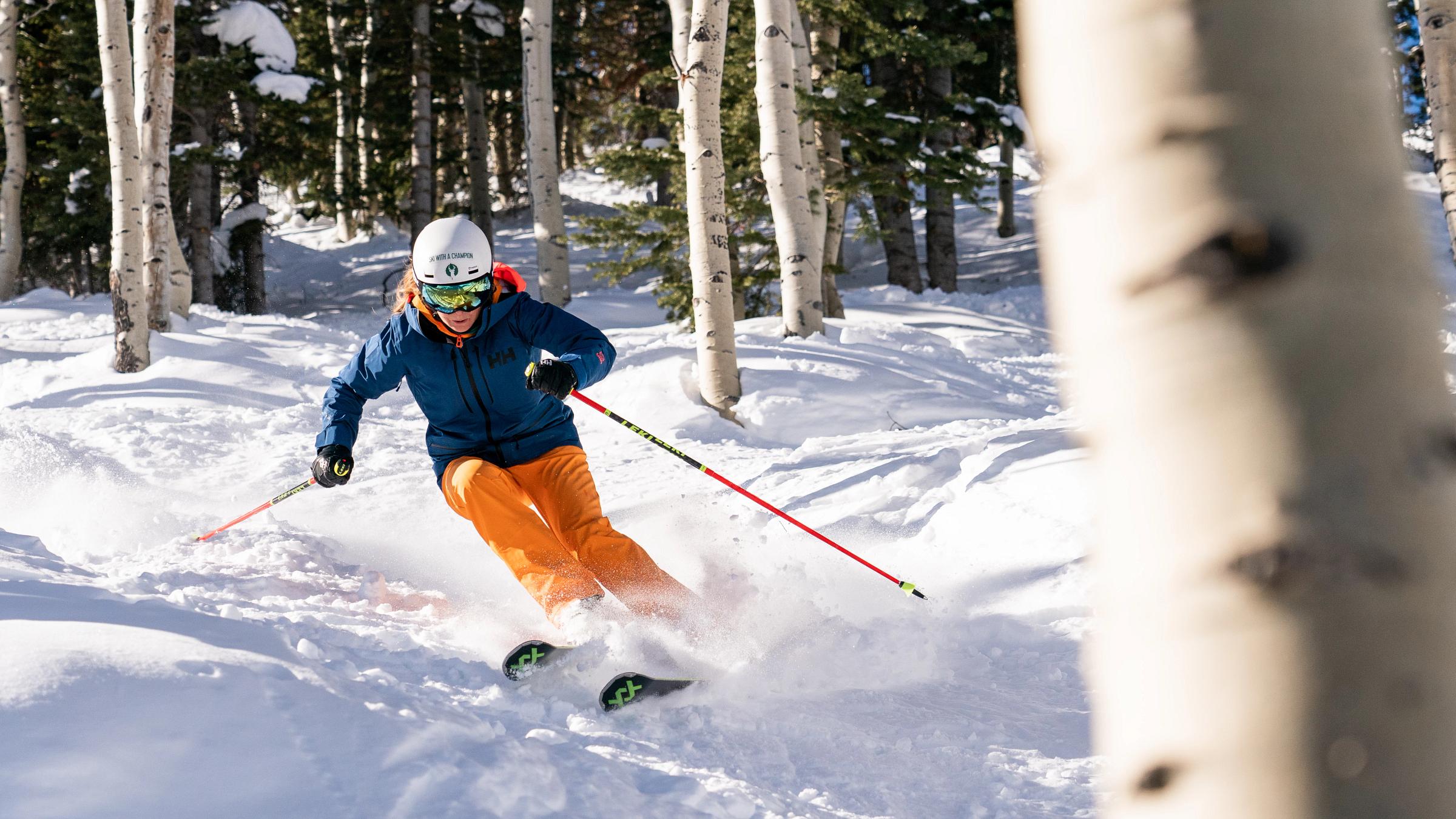 Kaylin Richardson finds fresh snow in the Aspen trees of Deer Valley.  Jan. 10, 2022, Deer Valley Resort. (Deer Valley Resort/Jason Peters)