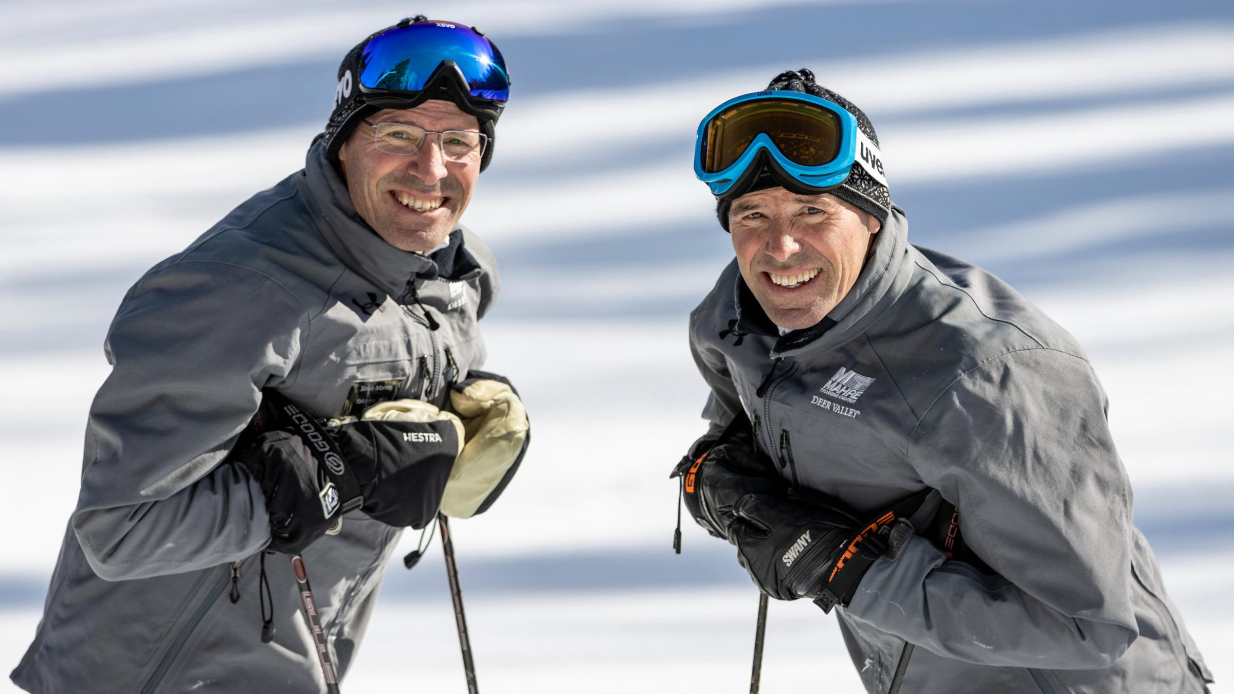 Mahre Brothers smiling on a ski run