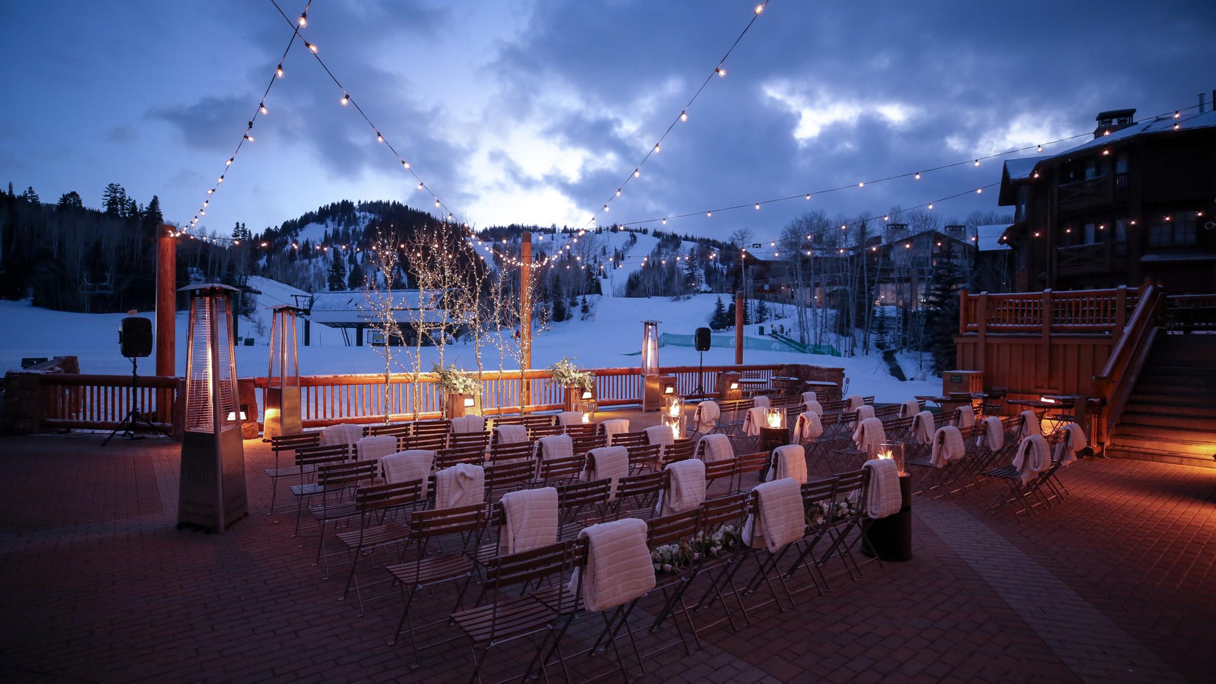 Outdoor winter wedding set up at Silver Lake Lodge