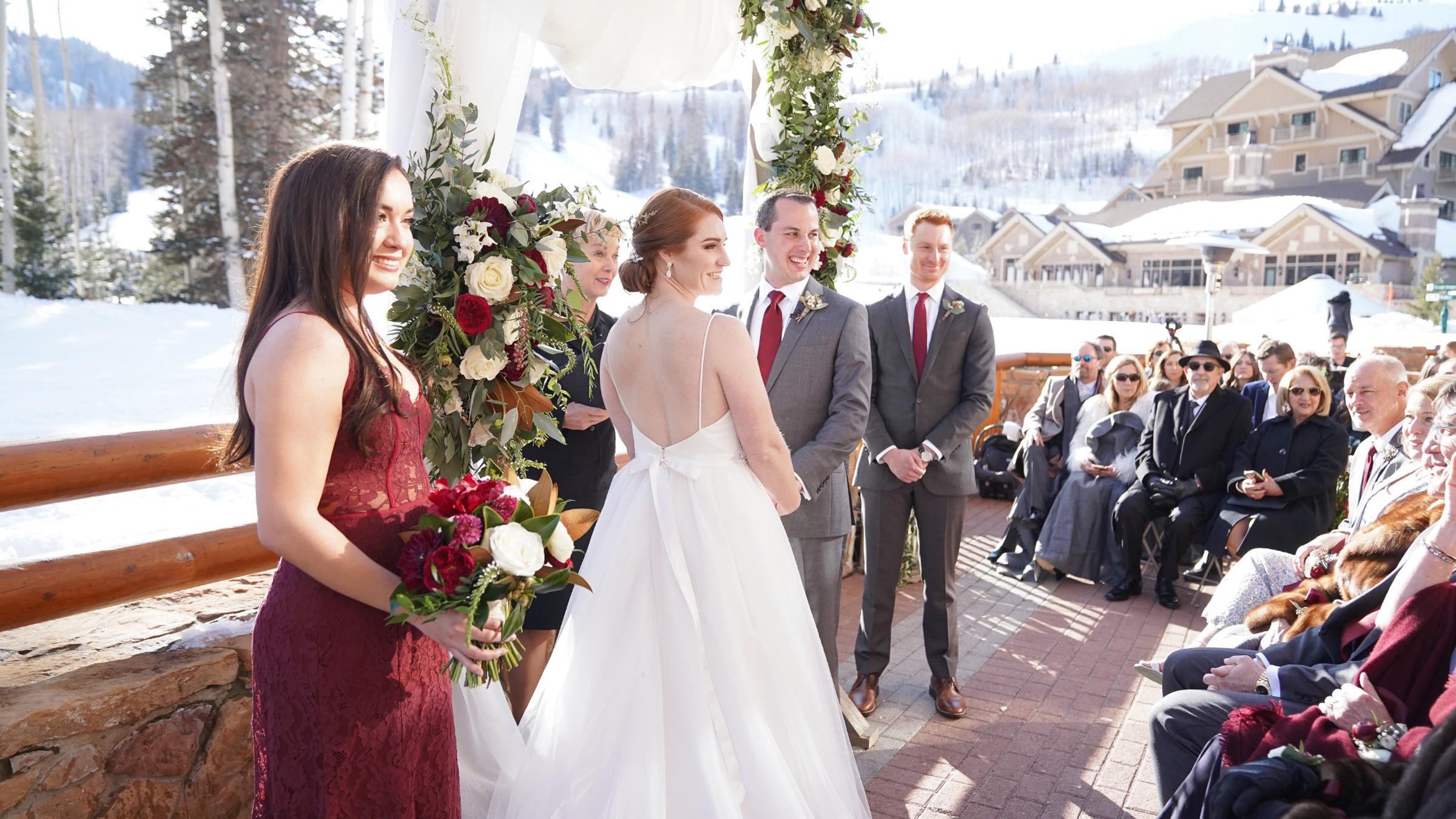 A winter wedding ceremony at Empire Canyon Lodge