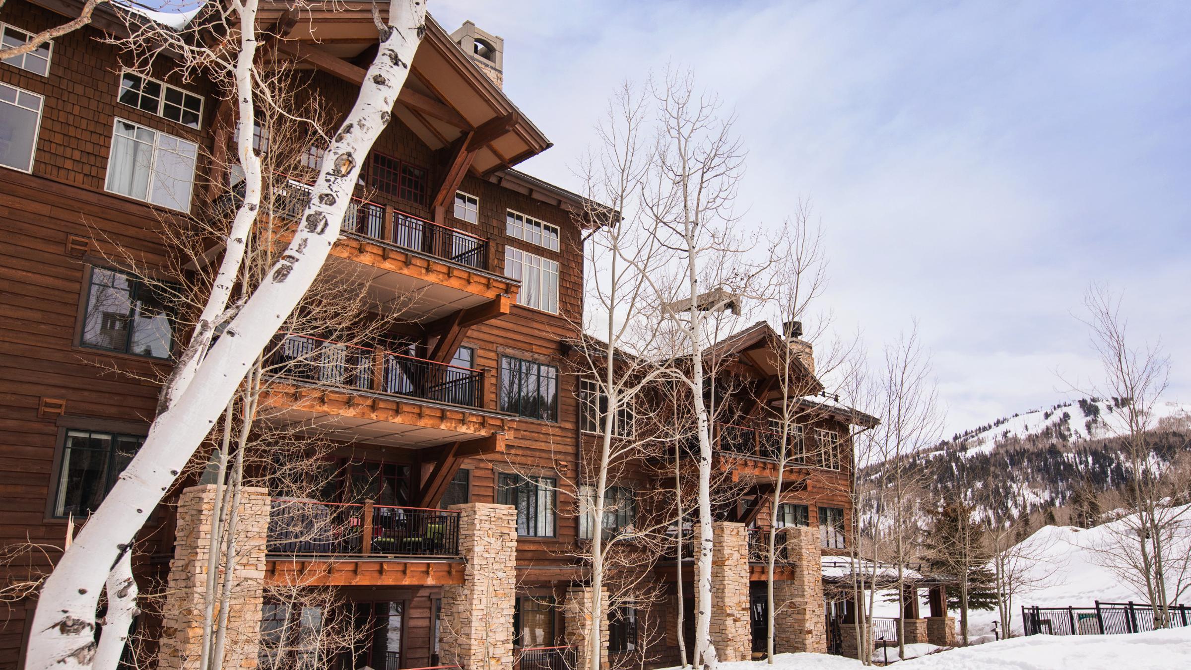Shooting Star winter exterior with Bald Mountain in the background