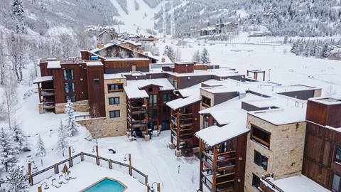 Silver Baron Lodge exterior in winter
