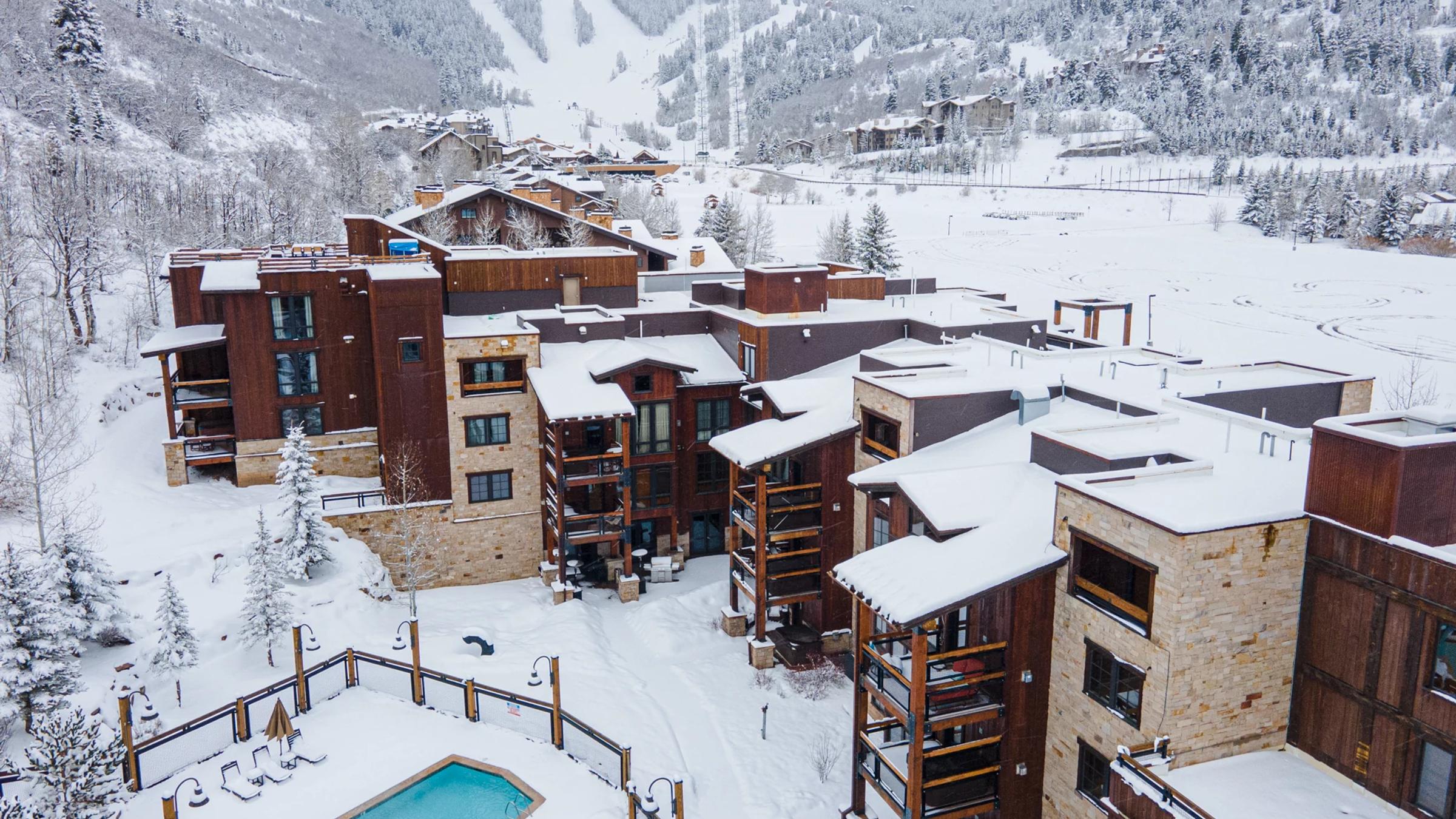 Silver Baron Lodge exterior in winter
