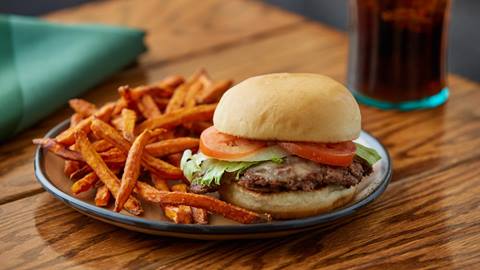Hamburger and fries from Fresh Tracks Kitchen