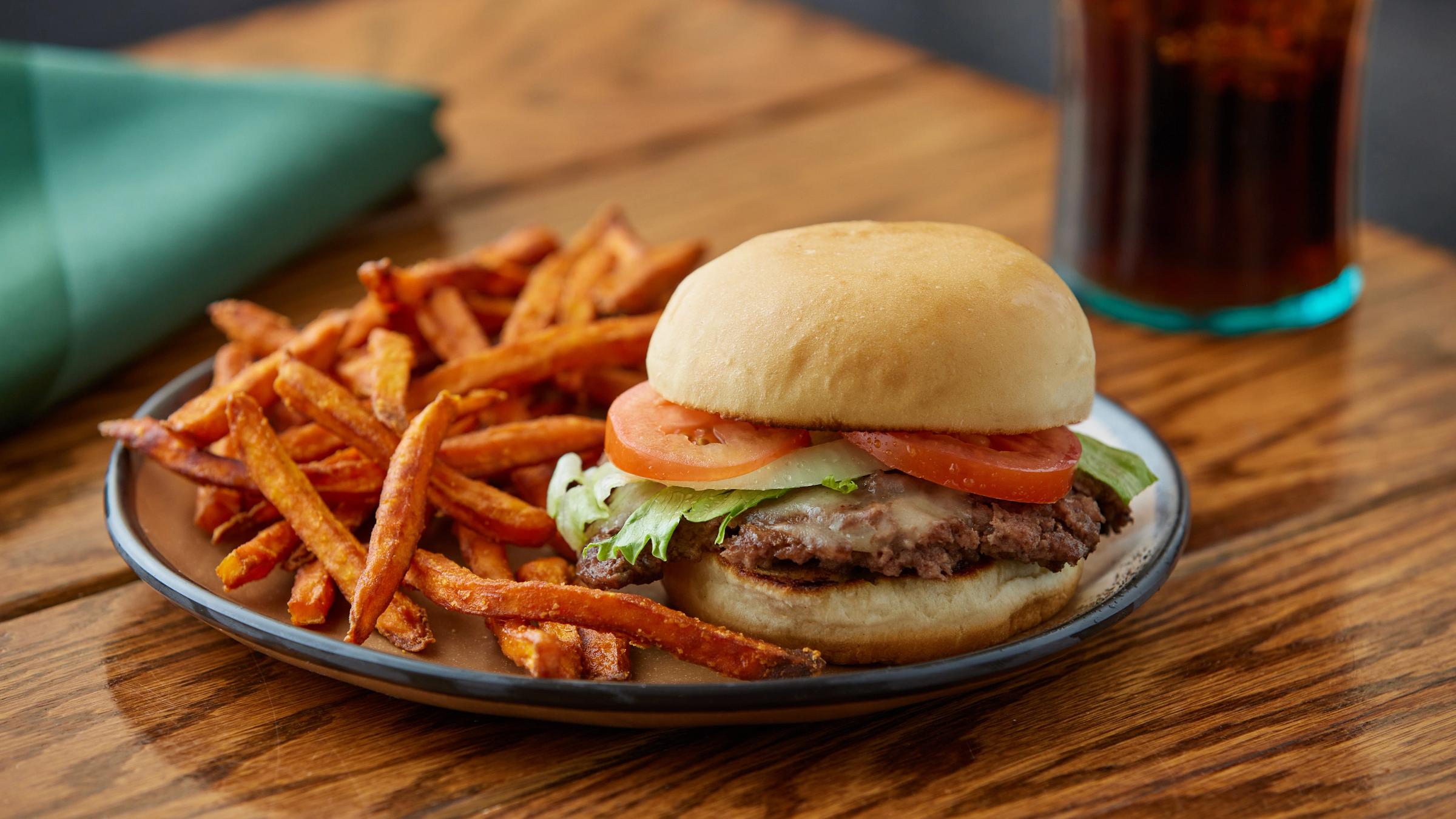 Hamburger and fries from Fresh Tracks Kitchen