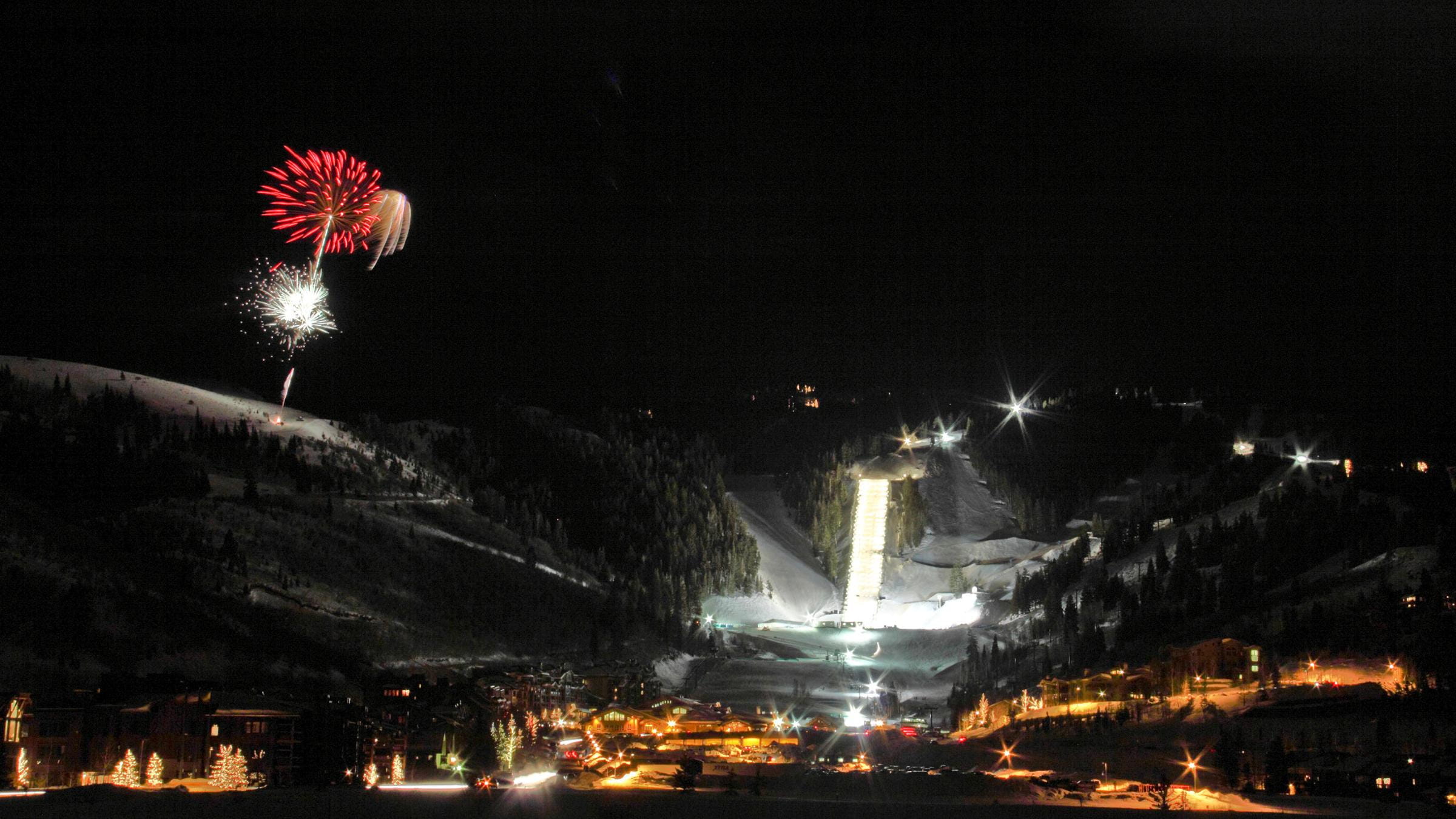 World Cup venue at night with fireworks