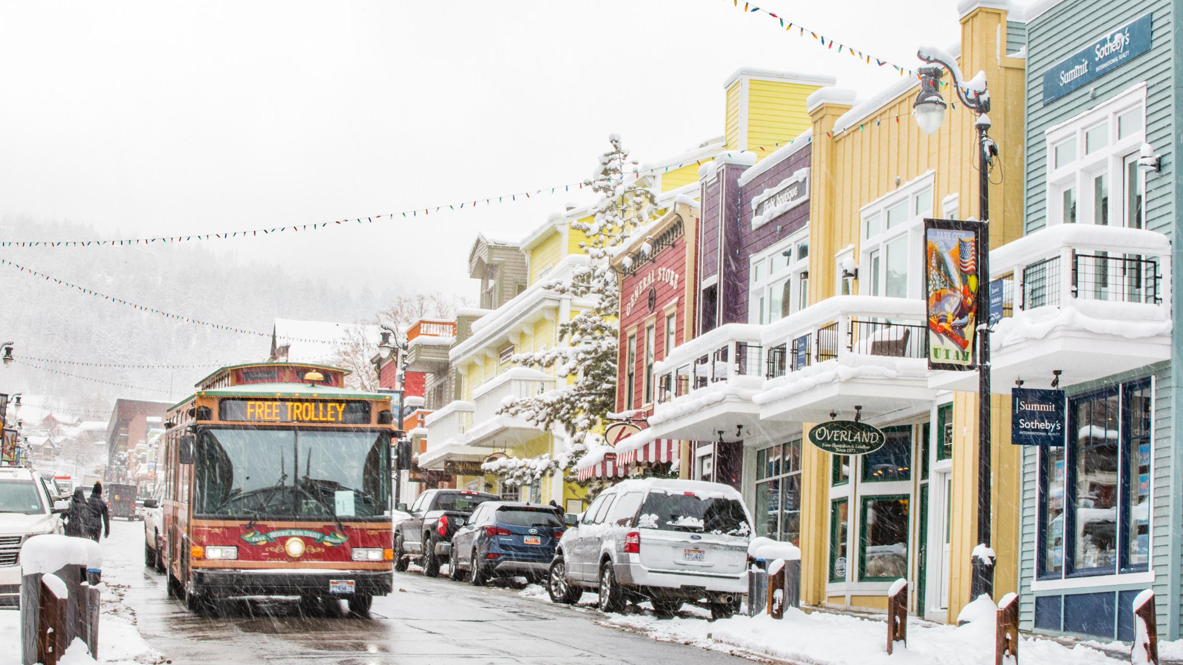 Historic Main Street during the day with the Free Trolley