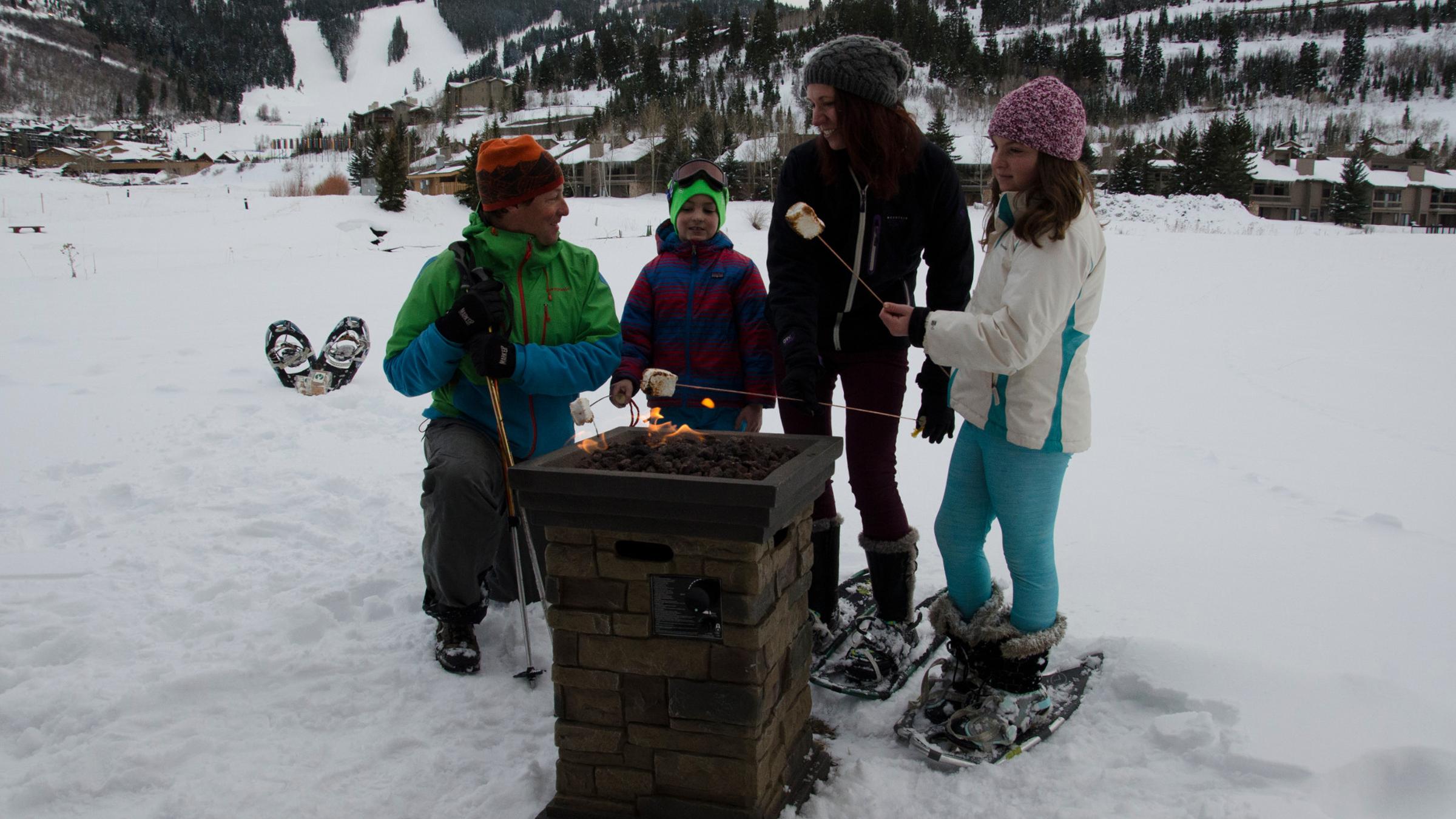 Family gathered around the fire making smores