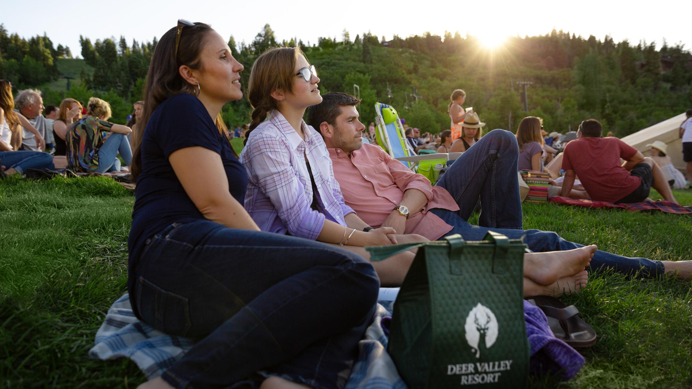 a group of people sitting on a blanket listening to the concert