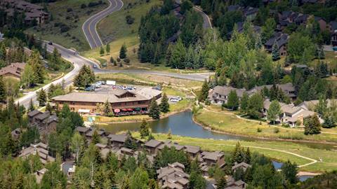 Aerial of snow park base area lodging