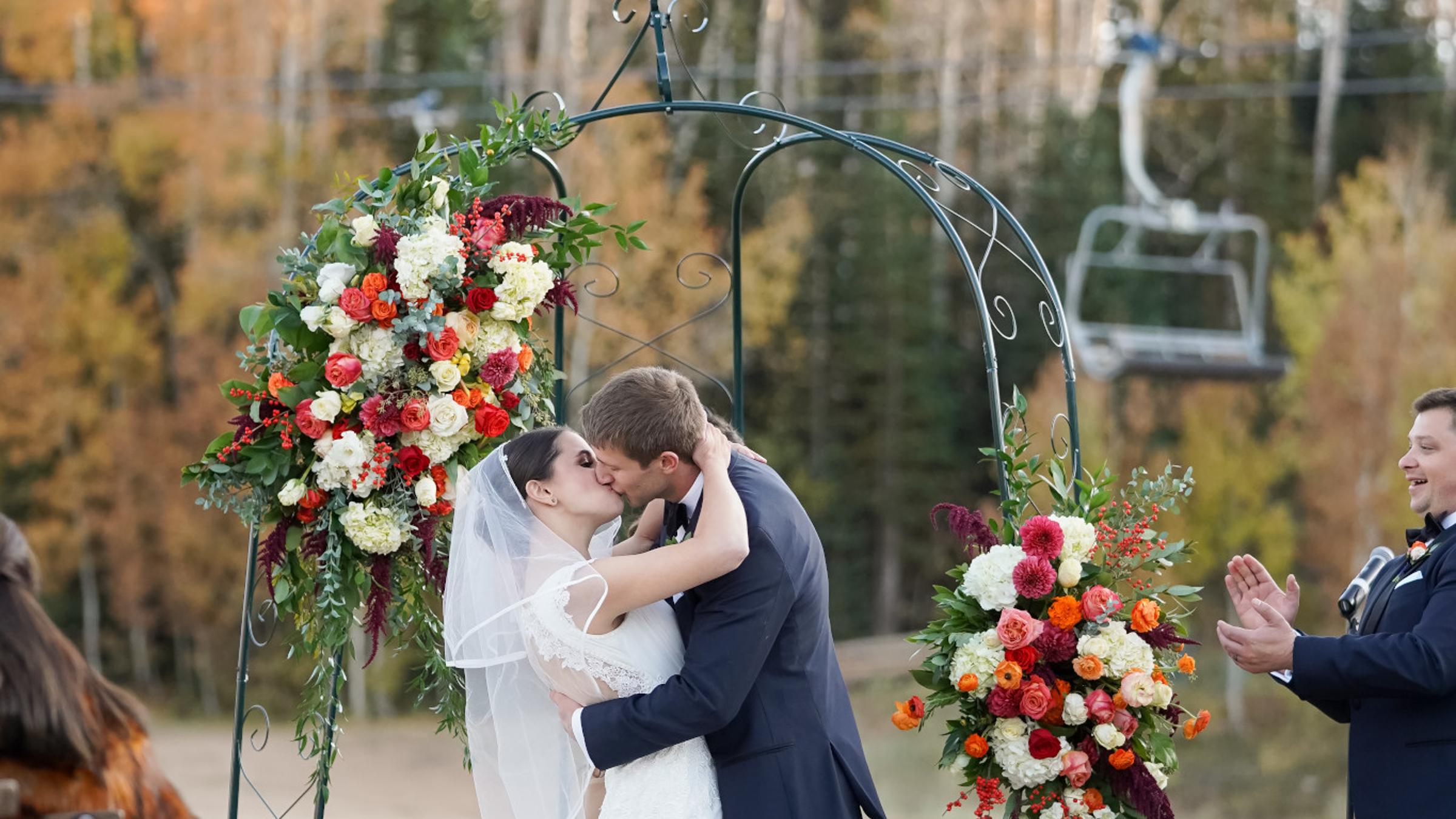 A bride and groom getting married at Silver Lake Lodge