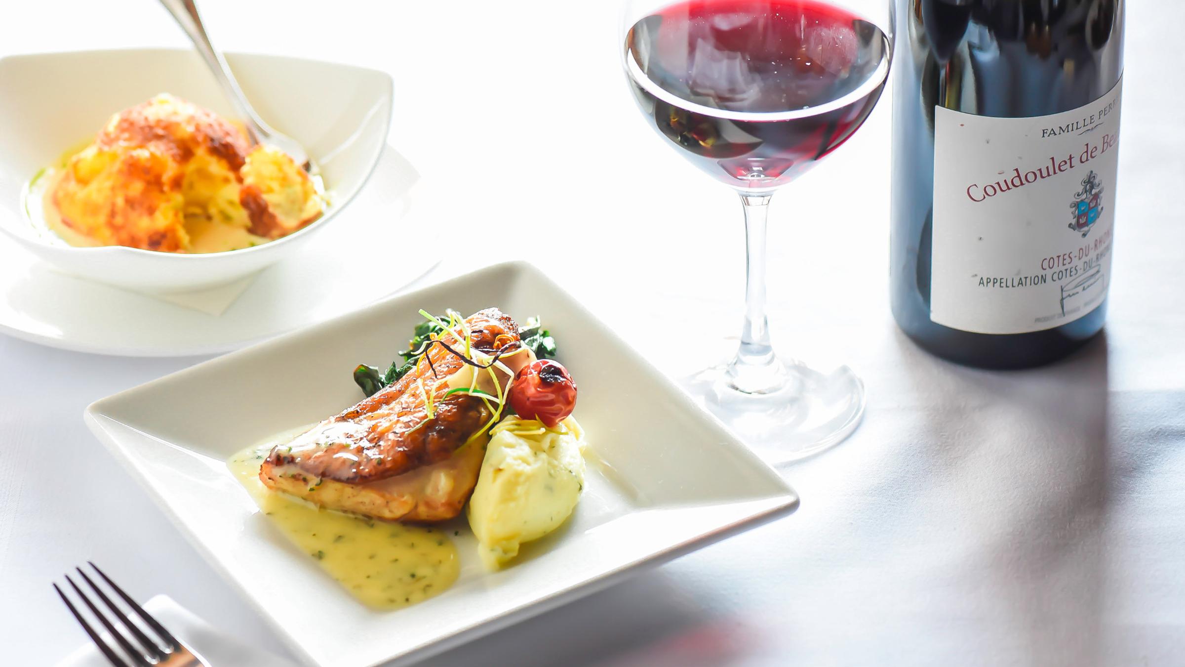 Entree and wine from the mariposa